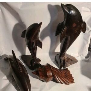 Wood Hand Carved Sea Collection, Nautilus Shell, Dolphins Heavy